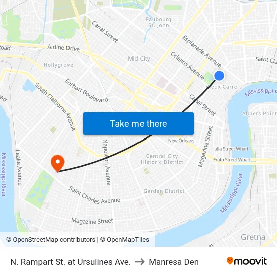 N. Rampart St. at Ursulines Ave. to Manresa Den map