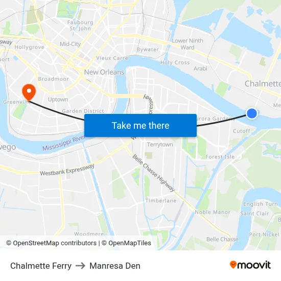Chalmette Ferry to Manresa Den map