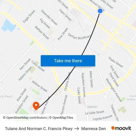 Tulane And Norman C. Francis Pkwy to Manresa Den map