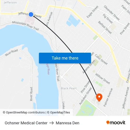 Ochsner Medical Center to Manresa Den map