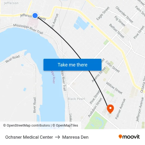 Ochsner Medical Center to Manresa Den map