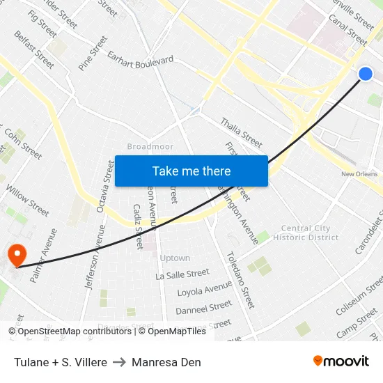 Tulane + S. Villere to Manresa Den map
