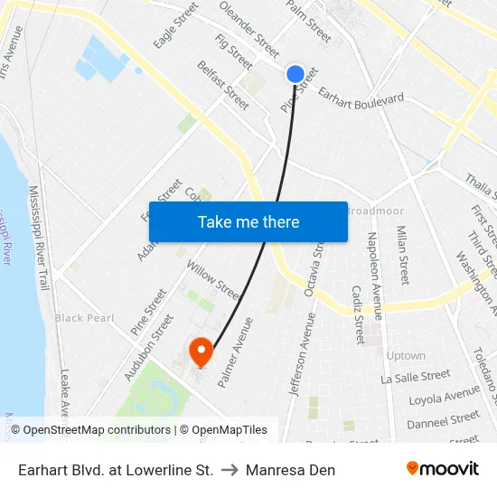 Earhart Blvd. at Lowerline St. to Manresa Den map