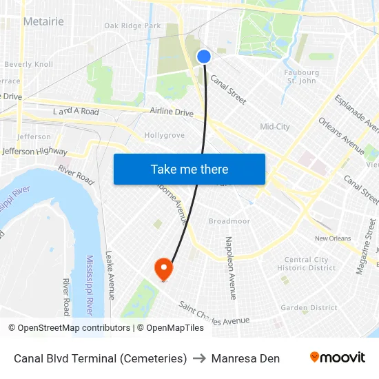 Canal Blvd Terminal (Cemeteries) to Manresa Den map