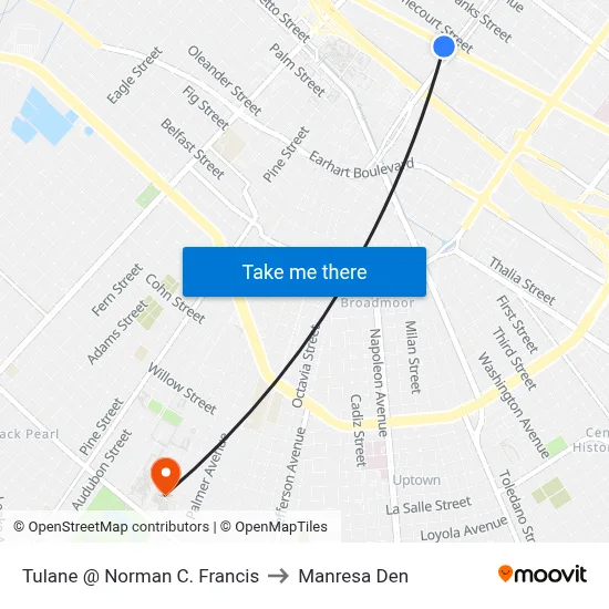 Tulane @ Norman C. Francis to Manresa Den map