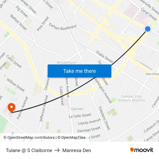 Tulane @ S Claiborne to Manresa Den map