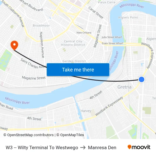 W3 -- Wilty Terminal To Westwego to Manresa Den map