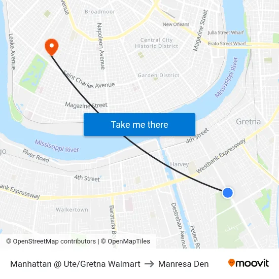 Manhattan @ Ute/Gretna Walmart to Manresa Den map