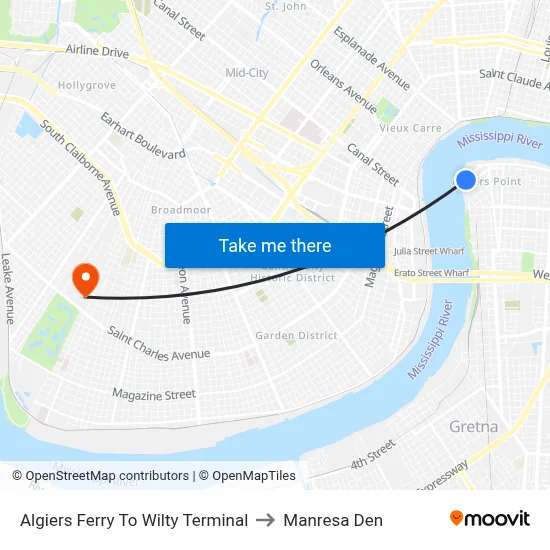 Algiers Ferry To Wilty Terminal to Manresa Den map