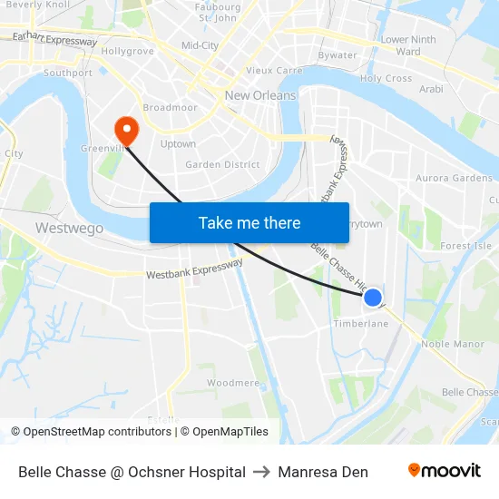 Belle Chasse @ Ochsner Hospital to Manresa Den map