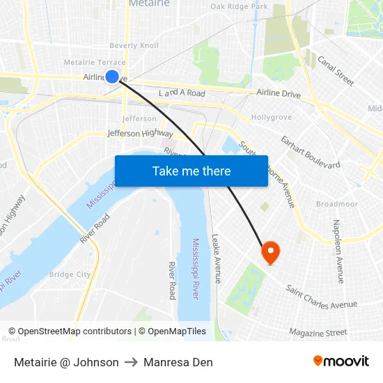 Metairie @ Johnson to Manresa Den map