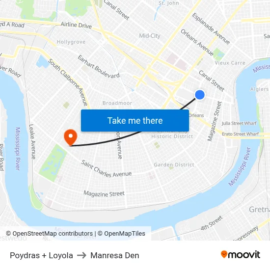 Poydras + Loyola to Manresa Den map