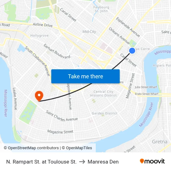 N. Rampart St. at Toulouse St. to Manresa Den map