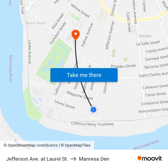 Jefferson Ave. at Laurel St. to Manresa Den map