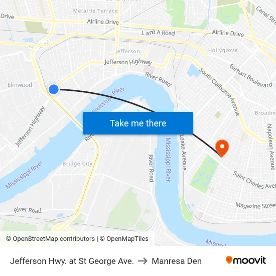 Jefferson Hwy. at St George Ave. to Manresa Den map