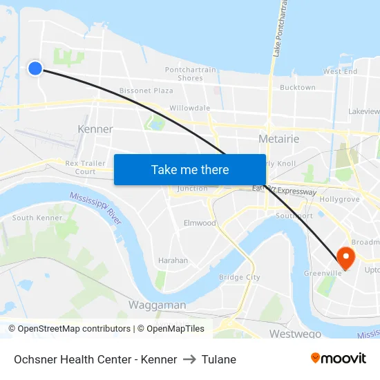 Ochsner Health Center - Kenner to Tulane map