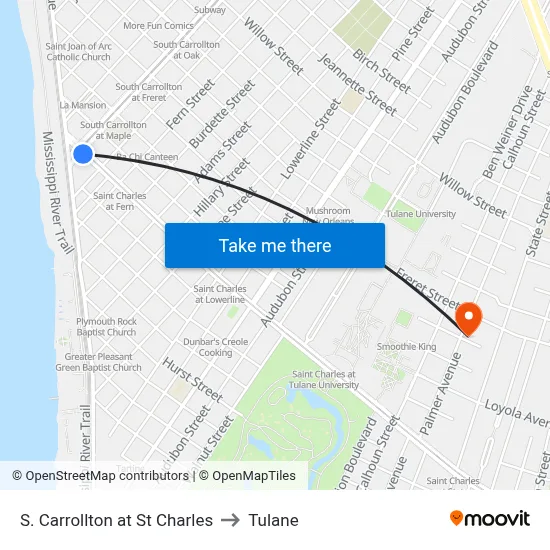 S. Carrollton at St Charles to Tulane map