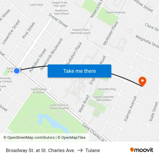 Broadway St. at St. Charles Ave. to Tulane map