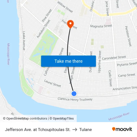 Jefferson Ave. at Tchoupitoulas St. to Tulane map