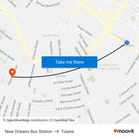New Orleans Bus Station to Tulane map