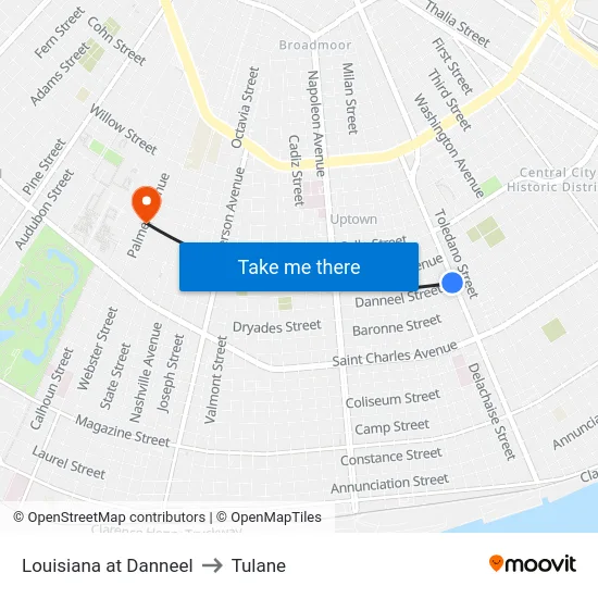 Louisiana at Danneel to Tulane map
