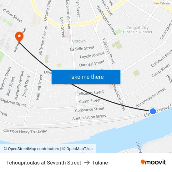 Tchoupitoulas at Seventh Street to Tulane map