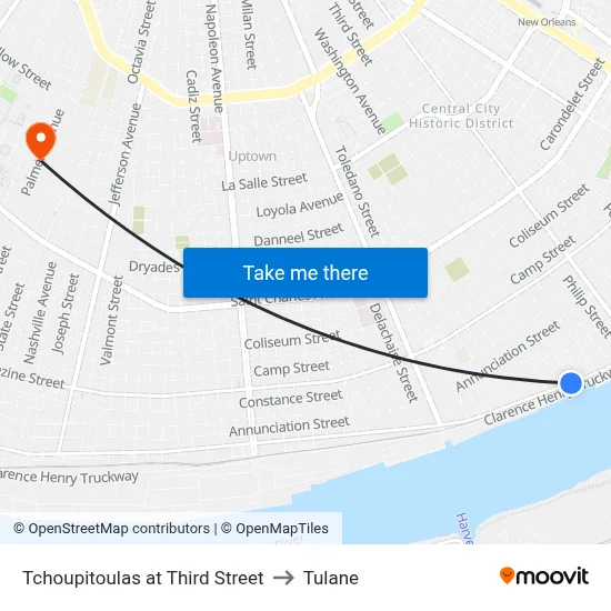 Tchoupitoulas at Third Street to Tulane map