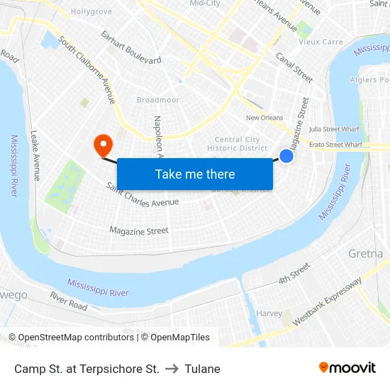 Camp St. at Terpsichore St. to Tulane map