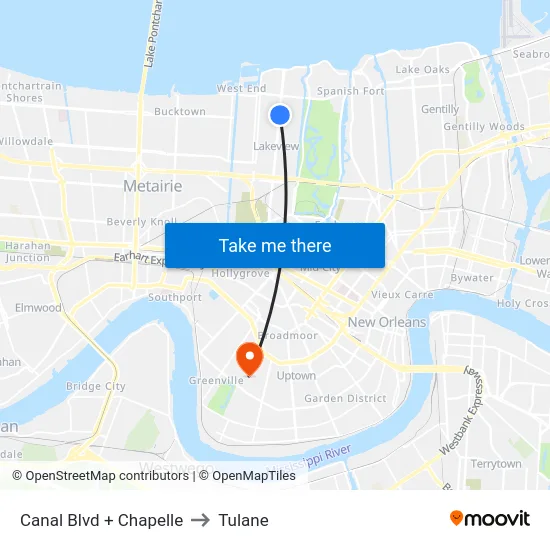 Canal Blvd + Chapelle to Tulane map