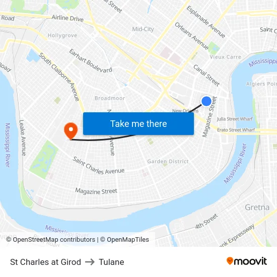 St Charles at Girod to Tulane map