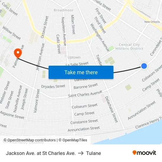 Jackson Ave. at St Charles Ave. to Tulane map