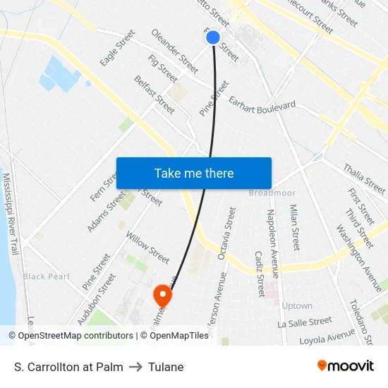 S. Carrollton at Palm to Tulane map