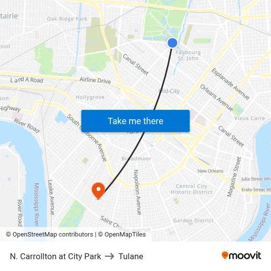 N. Carrollton at City Park to Tulane map
