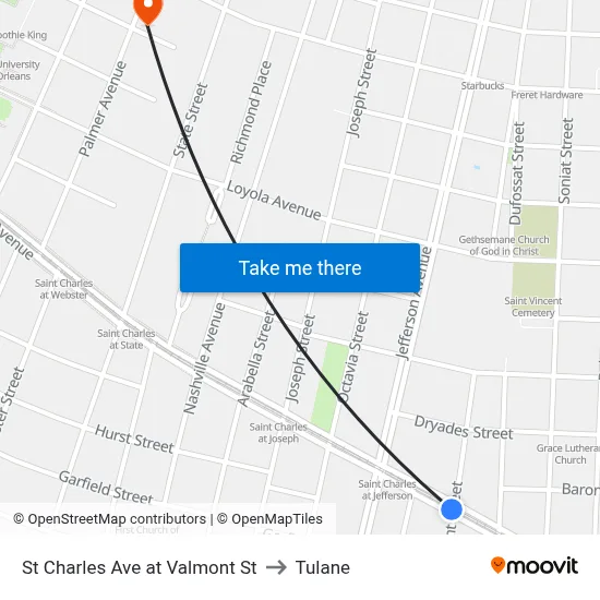 St Charles Ave at Valmont St to Tulane map