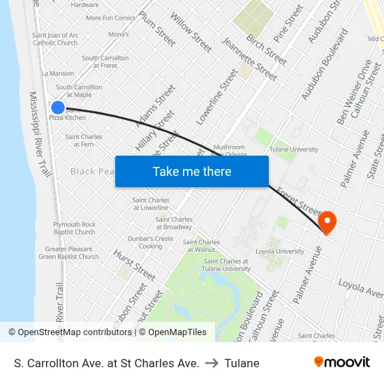 S. Carrollton Ave. at St Charles Ave. to Tulane map