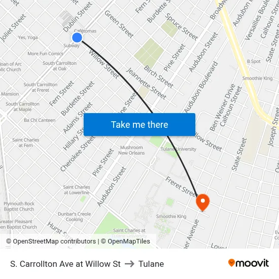 S. Carrollton Ave at Willow St to Tulane map