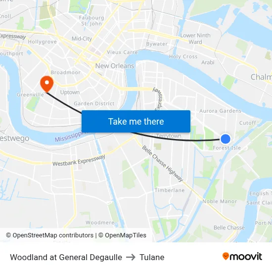 Woodland at General Degaulle to Tulane map