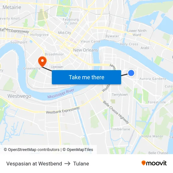 Vespasian at Westbend to Tulane map
