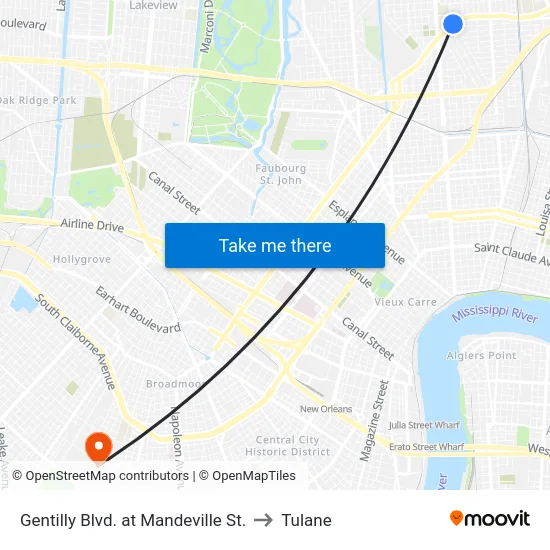 Gentilly Blvd. at Mandeville St. to Tulane map