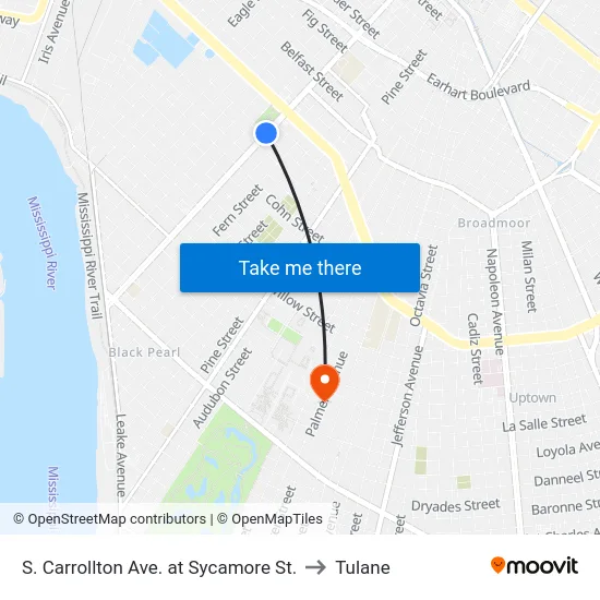 S. Carrollton Ave. at Sycamore St. to Tulane map