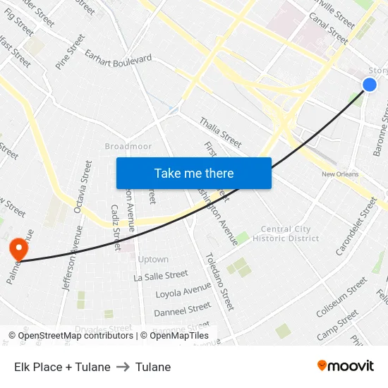 Elk Place + Tulane to Tulane map