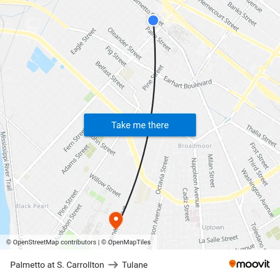 Palmetto at S. Carrollton to Tulane map
