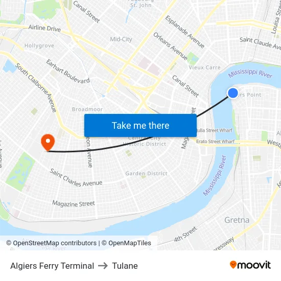 Algiers Ferry Terminal to Tulane map