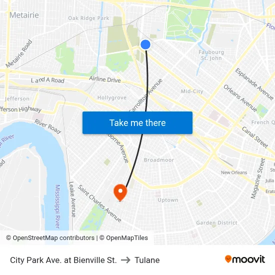 City Park Ave. at Bienville St. to Tulane map