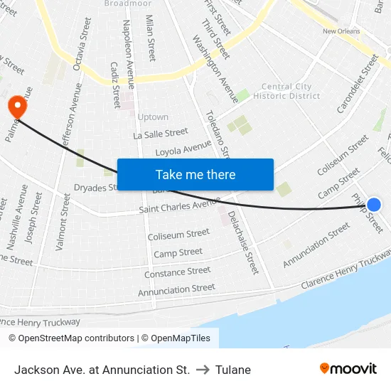 Jackson Ave. at Annunciation St. to Tulane map