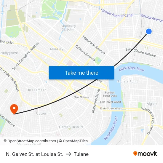 N. Galvez St. at Louisa St. to Tulane map