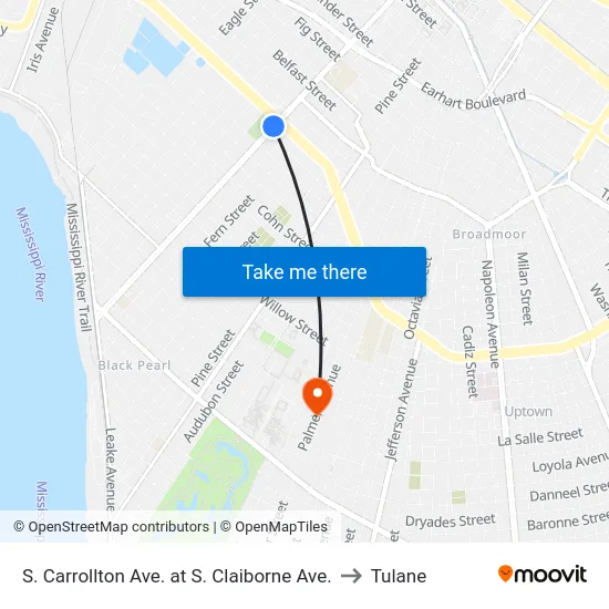 S. Carrollton Ave. at S. Claiborne Ave. to Tulane map