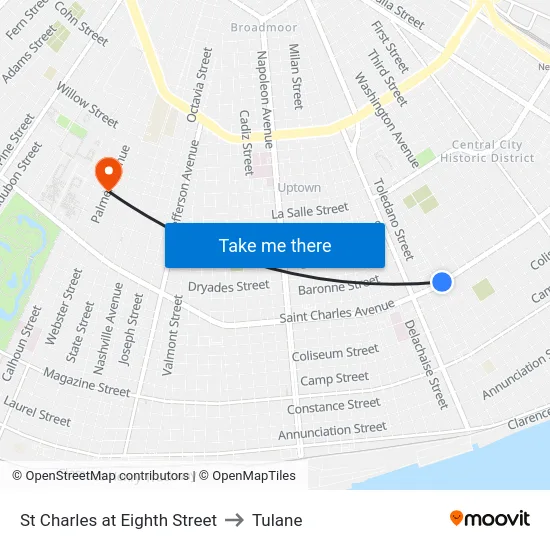 St Charles at Eighth Street to Tulane map