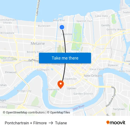 Pontchartrain + Filmore to Tulane map