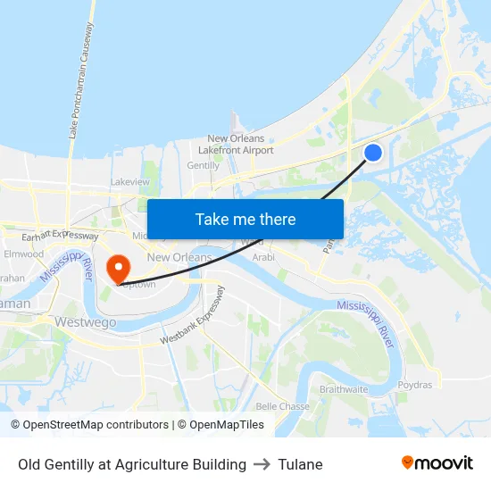 Old Gentilly at Agriculture Building to Tulane map
